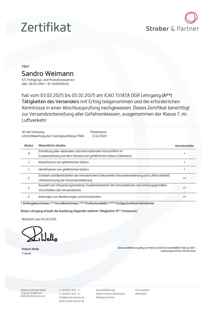 Zertifikat von Sandro Weimann zum ICAO TI/IATA DGR Lehrgang(A**) Tätigkeiten des Versenders