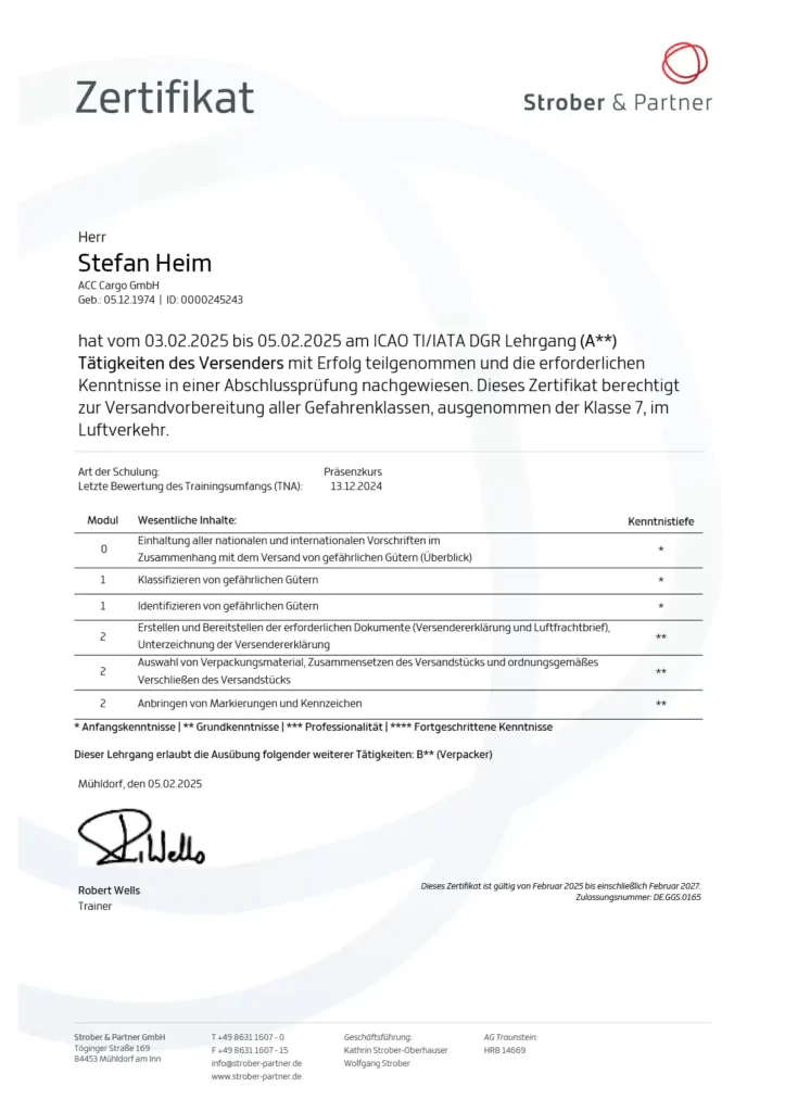 Zertifikat von Stefan Heim zum ICAO TI/IATA DGR Lehrgang(A**) Tätigkeiten des Versenders